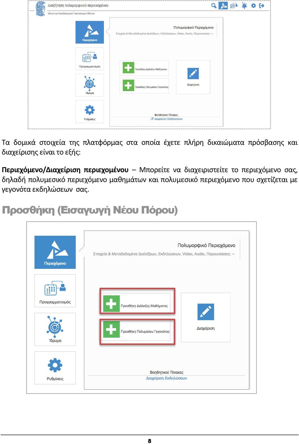 διαχειριστείτε το περιεχόμενο σας, δηλαδή πολυμεσικό περιεχόμενο μαθημάτων και