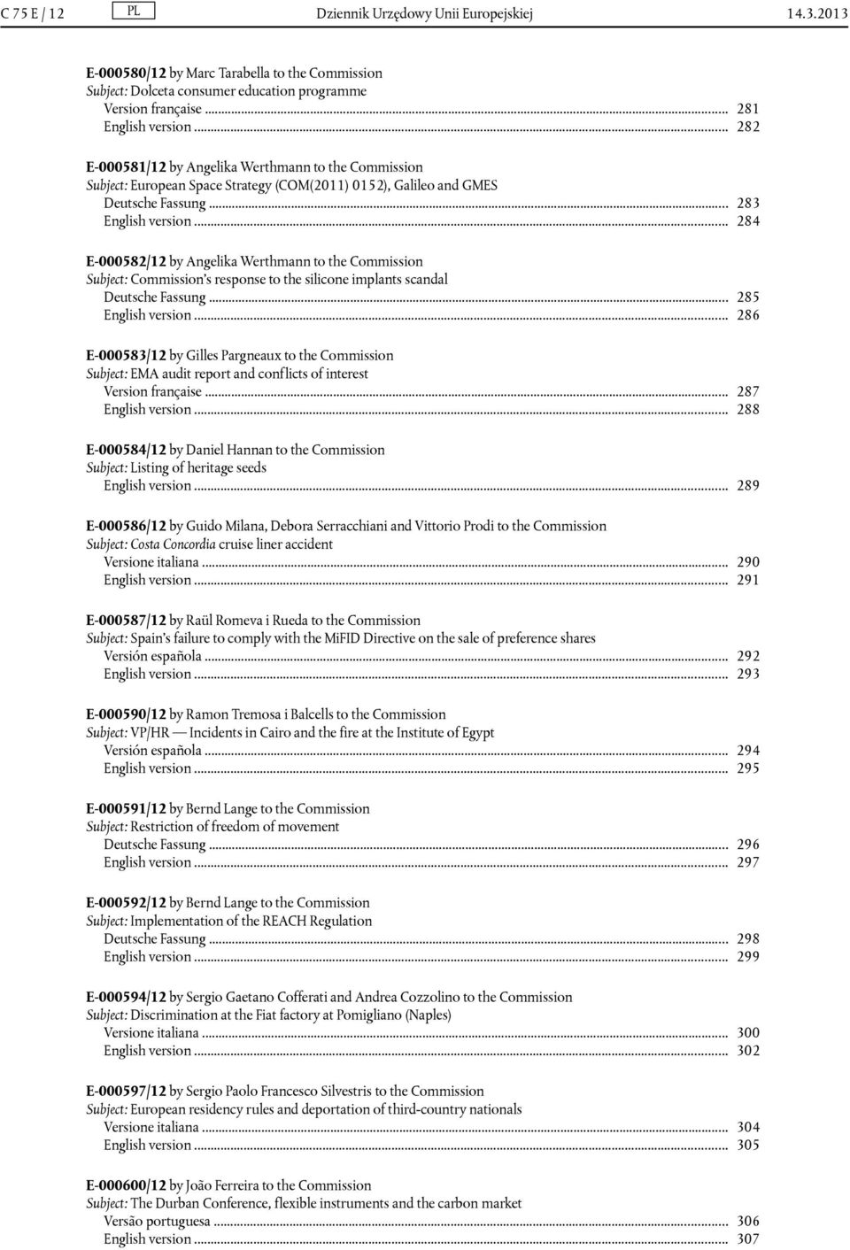 .. 284 E-000582/12 by Angelika Werthmann to the Commission Subject: Commission's response to the silicone implants scandal Deutsche Fassung... 285 English version.