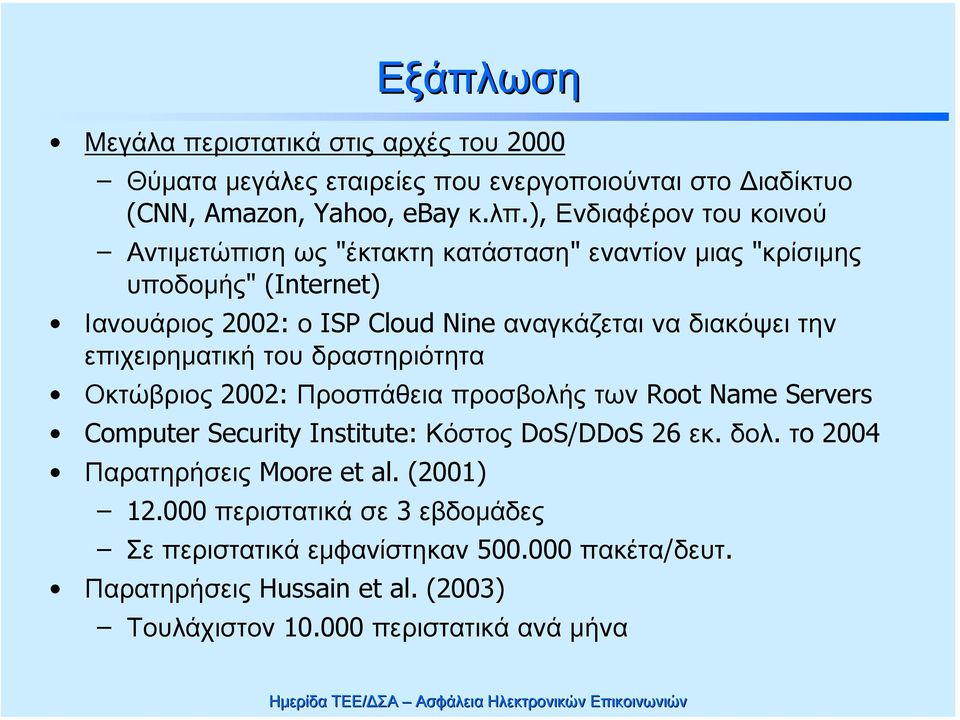 αναγκάζεταιναδιακόψειτην επιχειρηματική του δραστηριότητα Οκτώβριος 2002: Προσπάθεια προσβολής των Root Name Servers Computer Security Institute: Κόστος DoS/DDoS