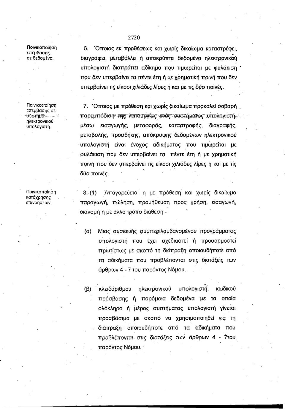 ή με χρηματική ποινή που δεν υπερβαίνει τις είκοσι χιλιάδες λίρες ή και με τις δύο ποινές. Ποινικοποίηση επέμβασης σε ^sffpsh ηλεκτρονικού υπολογιστή. 7.