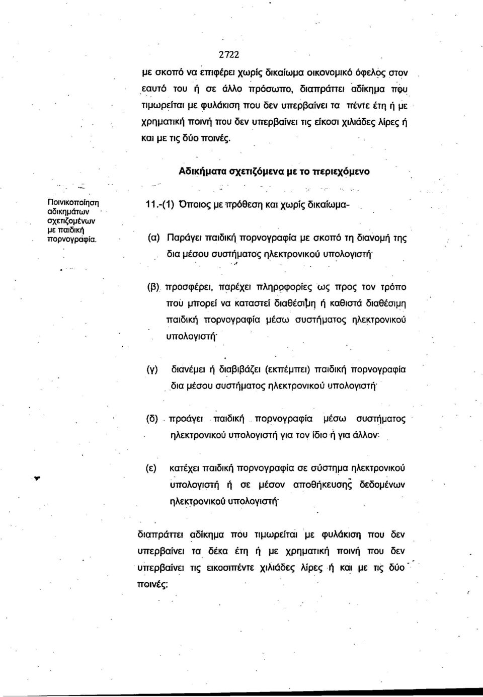 -(1) Όποιος με πρόθεση και χωρίς δικαίωμα- (α) Παράγει παιδική πορνογραφία με σκοπό τη διανομή της δια μέσου συστήματος ηλεκτρονικού υπολογιστή- (β) προσφέρει, παρέχει πληροφορίες ως προς τον τρόπο