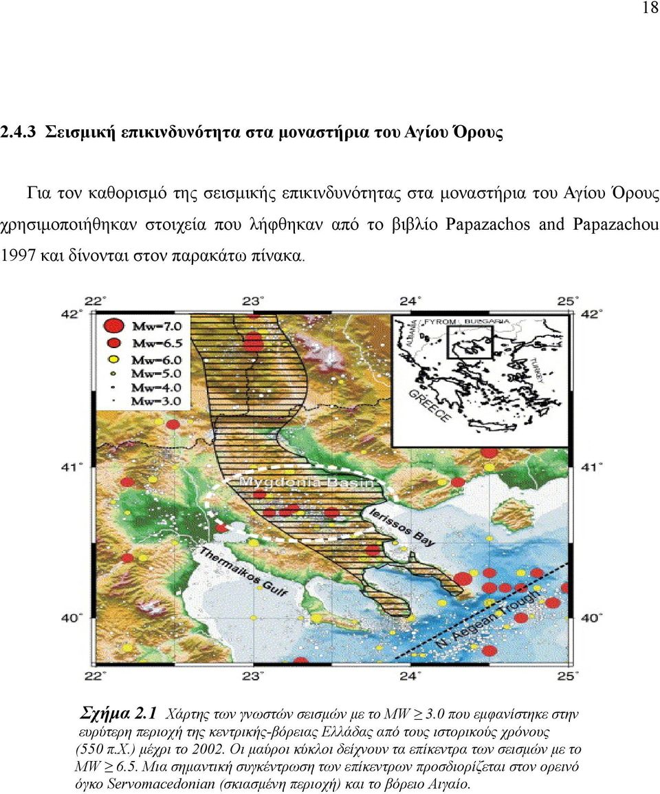 στοιχεία που λήφθηκαν από το βιβλίο Papazachos and Papazachou 1997 και δίνονται στον παρακάτω πίνακα. Σχήμα 2.1 Χάρτης των γνωστών σεισμών με το MW 3.