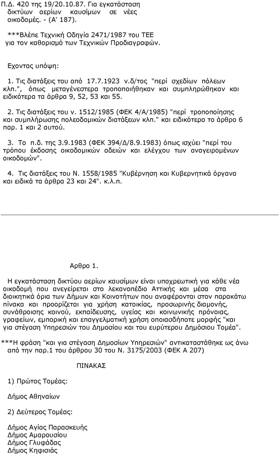 1512/1985 (ΦΕΚ 4/Α/1985) "περί τροποποίησης και συµπλήρωσης πολεοδοµικών διατάξεων κλπ." και ειδικότερα το άρθρο 6 παρ. 1 και 2 αυτού. 3. Το π.δ. της 3.9.1983 (ΦΕΚ 394/ /8.9.1983) όπως ισχύει "περί του τρόπου έκδοσης οικοδοµικών αδειών και ελέγχου των αναγειροµένων οικοδοµών".