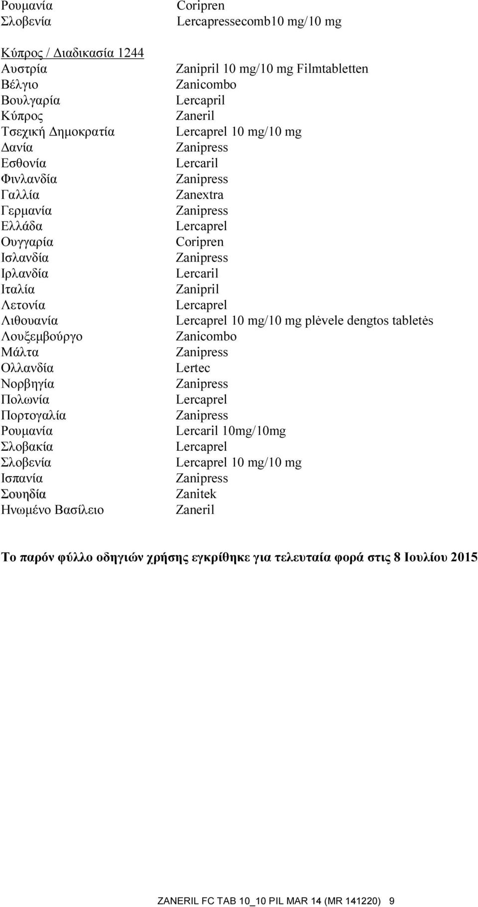 mg/10 mg Zanipril 10 mg/10 mg Filmtabletten Zanicombo Lercapril Zaneril 10 mg/10 mg Lercaril Zanextra Coripren Lercaril Zanipril 10 mg/10 mg plėvele dengtos tabletės