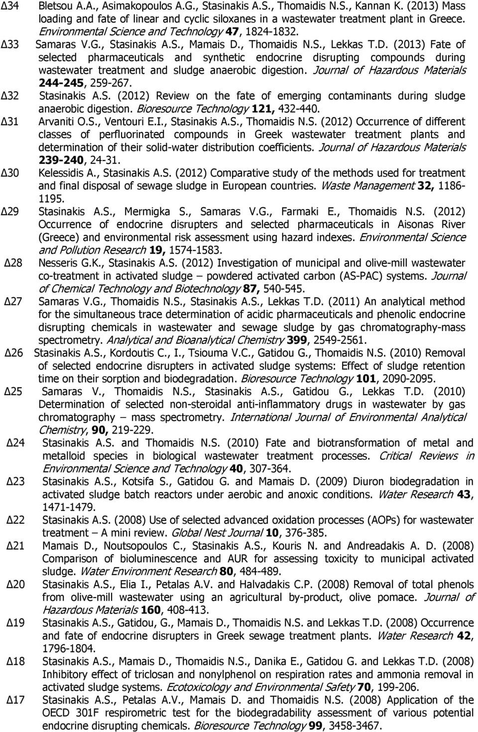 , Thomaidis N.S., Lekkas T.D. (2013) Fate of selected pharmaceuticals and synthetic endocrine disrupting compounds during wastewater treatment and sludge anaerobic digestion.