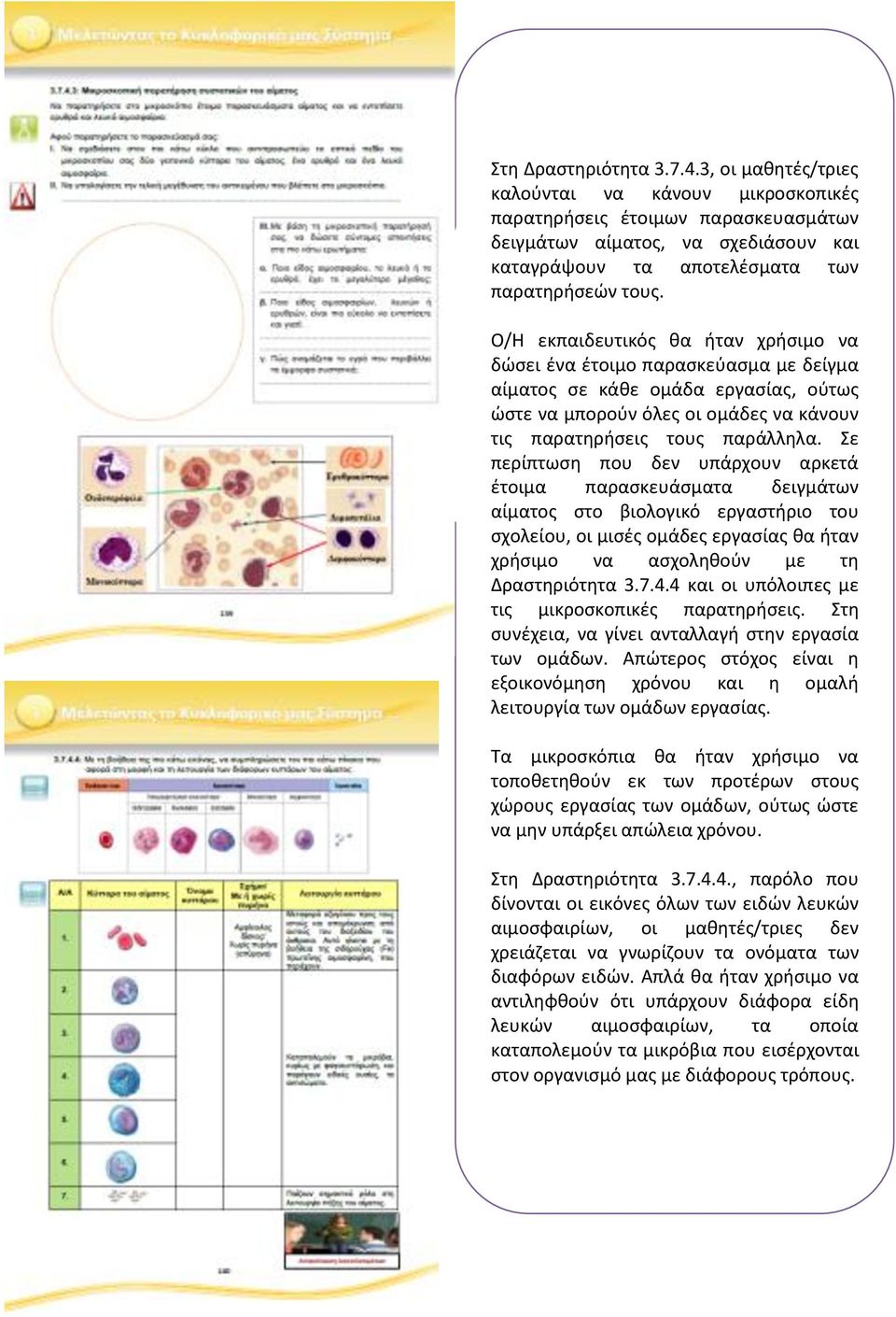 Ο/Η εκπαιδευτικός θα ήταν χρήσιμο να δώσει ένα έτοιμο παρασκεύασμα με δείγμα αίματος σε κάθε ομάδα εργασίας, ούτως ώστε να μπορούν όλες οι ομάδες να κάνουν τις παρατηρήσεις τους παράλληλα.