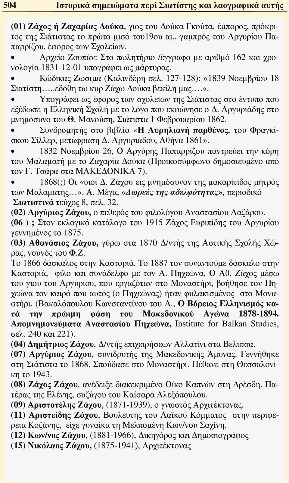 127-128): «1839 Νοεμβρίου 18 Σιατίστη..εδόθη τω κυρ Ζάχω Δούκα βεκίλη μας.». Υπογράφει ως έφορος των σχολείων της Σιάτιστας στο έντυπο που εξέδωσε η Ελληνική Σχολή με το λόγο που εκφώνησε ο Δ.