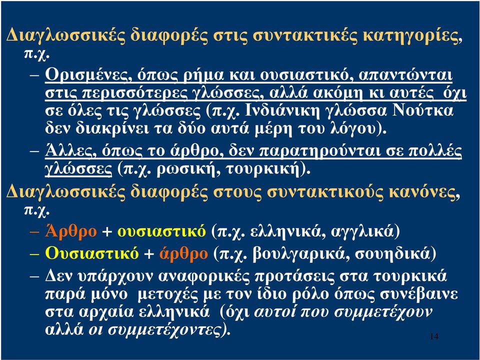 σε όλες τις γλώσσες (π.χ. Ινδιάνικη γλώσσα Νούτκα δεν διακρίνει τα δύο αυτά μέρη του λόγου). Άλλες, όπως το άρθρο, δεν παρατηρούνται σε πολλές γλώσσες (π.χ. ρωσική, τουρκική).