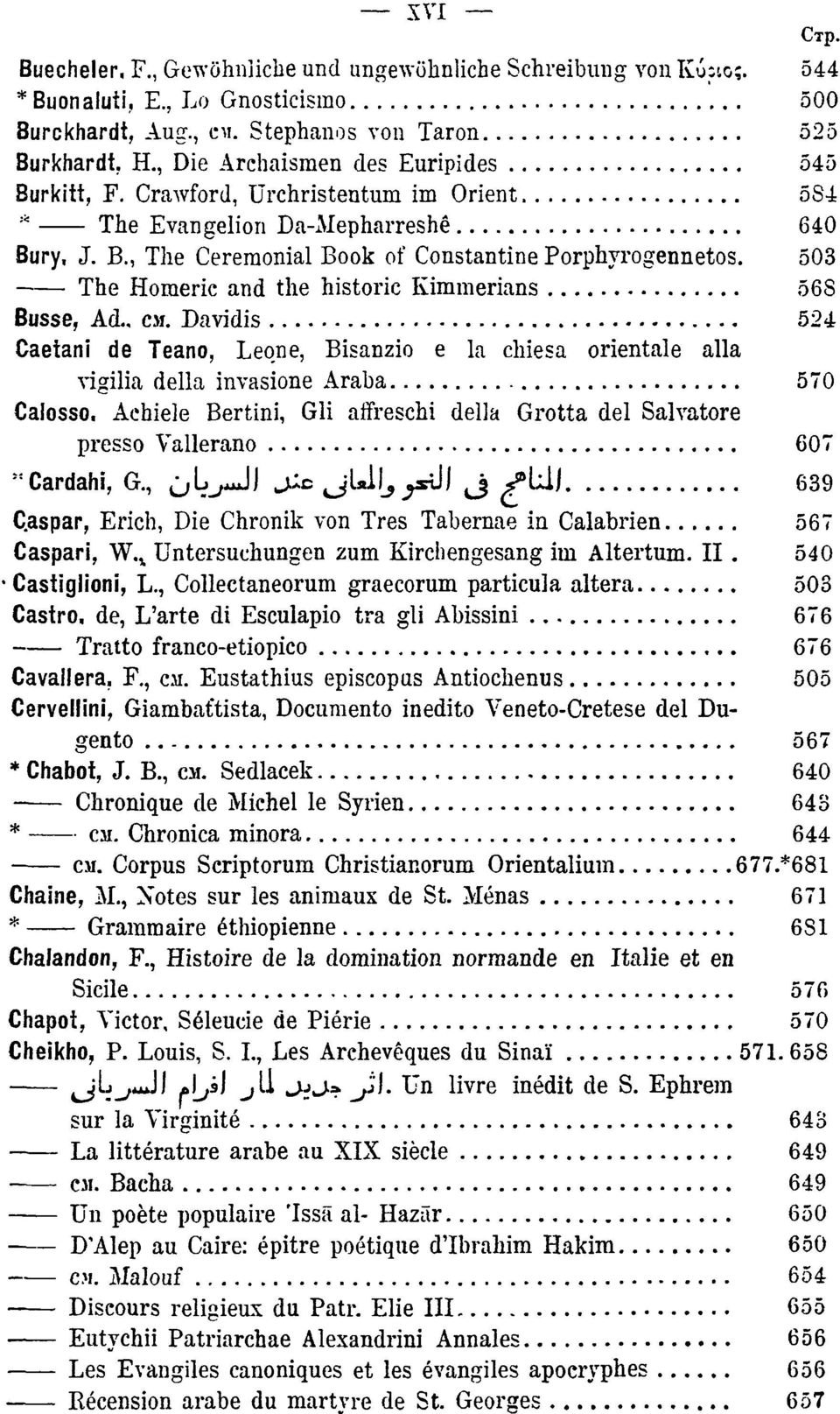 503 The Homeric and the historic Kimmerians 56S Busse, Ad., CM. Davidis 524 Caetani de Teano, Leone, Bisanzio e la chiesa orientale alla vigilia della invasione Araba 570 Calosso.