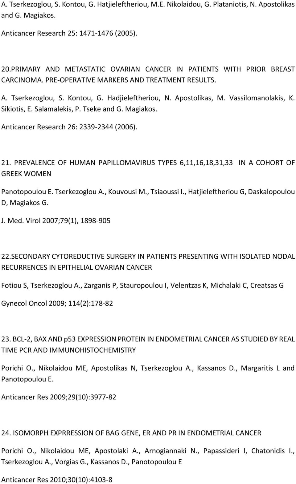 Vassilomanolakis, K. Sikiotis, E. Salamalekis, P. Tseke and G. Magiakos. Anticancer Research 26: 2339-2344 (2006). 21.