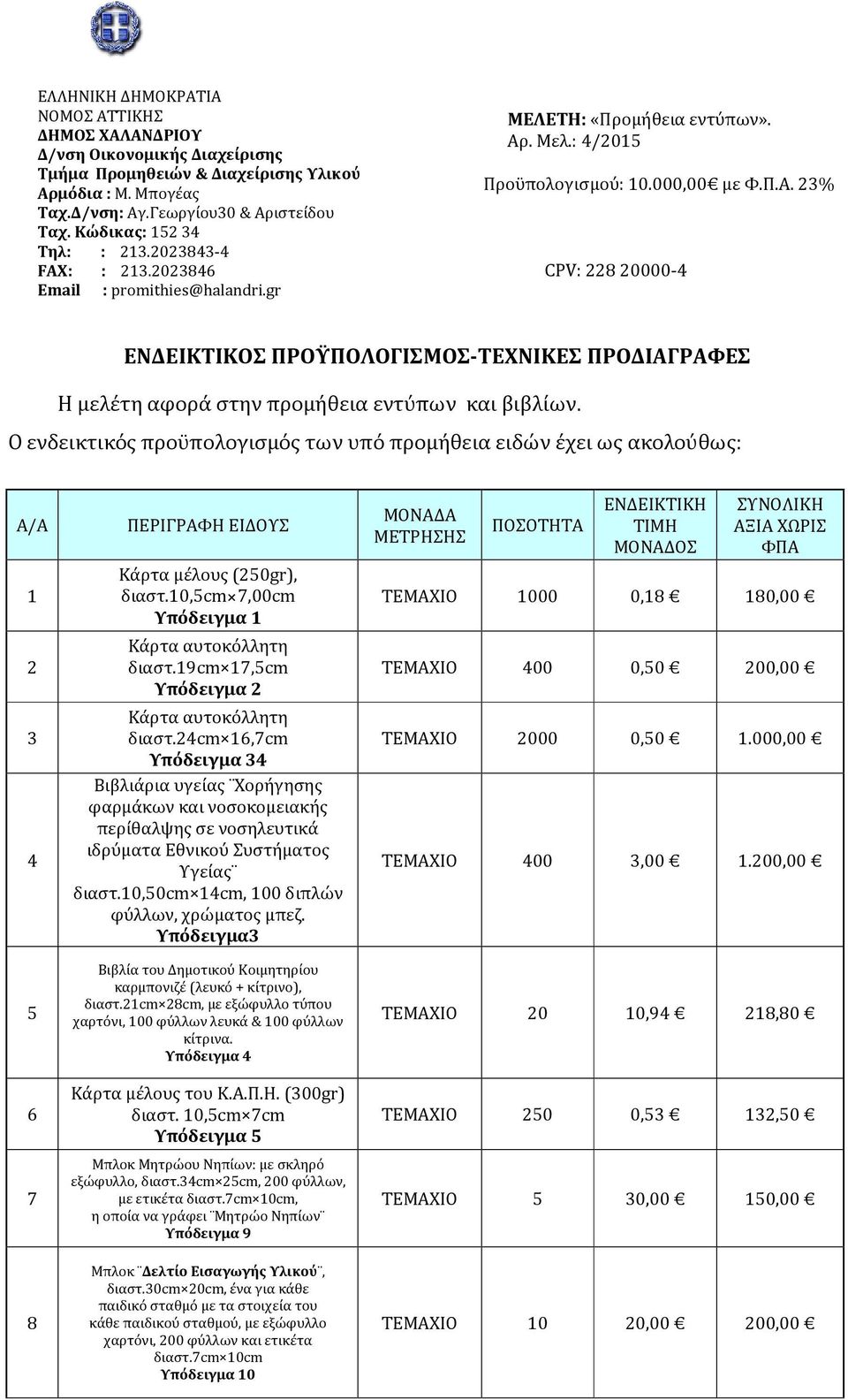 . Μελ.: 4/2015 Προϋπολογισμού: 10.000,00 με Φ.Π.Α. 23% CPV: 228 20000-4 ΕΝΔΕΙΚΤΙΚΟΣ ΠΡΟΫΠΟΛΟΓΙΣΜΟΣ-ΤΕΧΝΙΚΕΣ ΠΡΟΔΙΑΓΡΑΦΕΣ Η μελέτη αφορά στην προμήθεια εντύπων και βιβλίων.