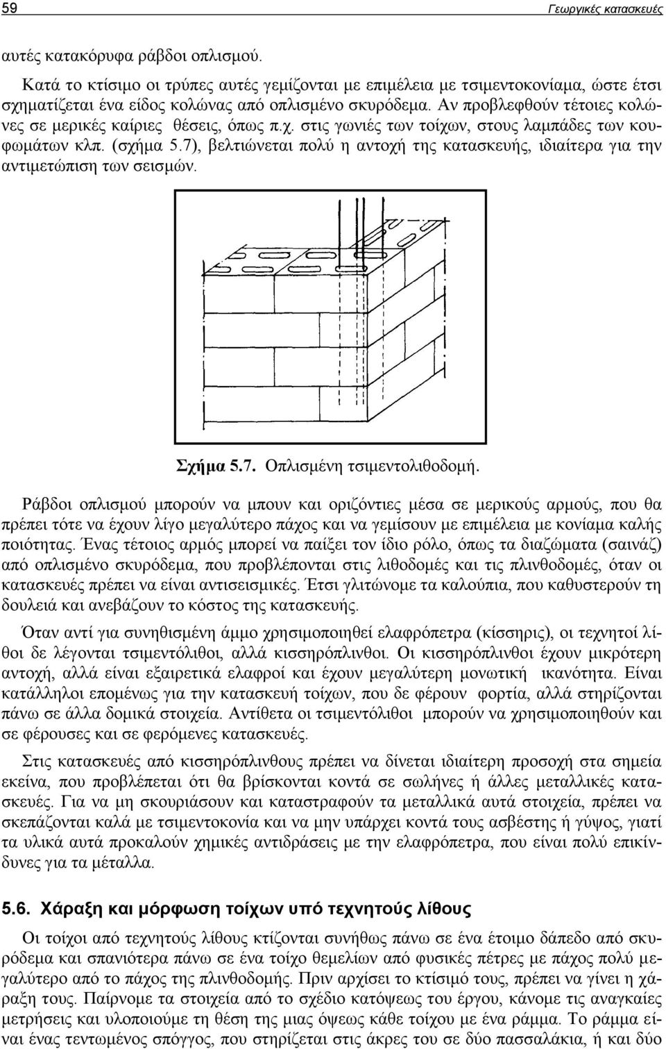 7), βελτιώνεται πολύ η αντοχή της κατασκευής, ιδιαίτερα για την αντιμετώπιση των σεισμών. Σχήμα 5.7. Οπλισμένη τσιμεντολιθοδομή.