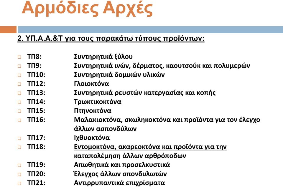 Πτηνοκτόνα ΤΠ16: Μαλακιοκτόνα, σκωληκοκτόνα και προϊόντα για τον έλεγχο άλλων ασπονδύλων ΤΠ17: Ιχθυοκτόνα ΤΠ18: Εντομοκτόνα, ακαρεοκτόνα