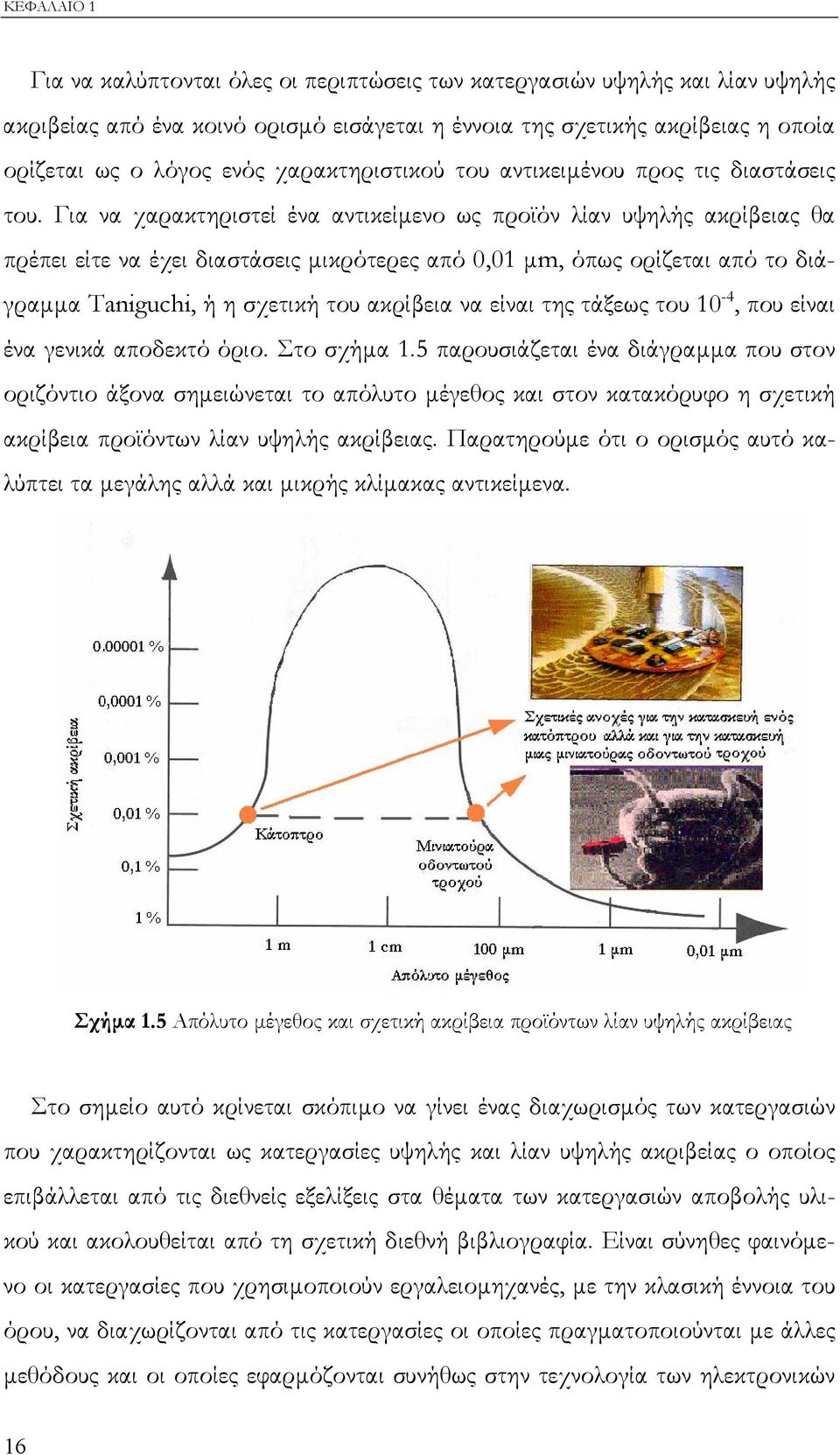 Για να χαρακτηριστεί ένα αντικείµενο ως προϊόν λίαν υψηλής ακρίβειας θα πρέπει είτε να έχει διαστάσεις µικρότερες από 0,01 µm, όπως ορίζεται από το διάγραµµα Taniguchi, ή η σχετική του ακρίβεια να