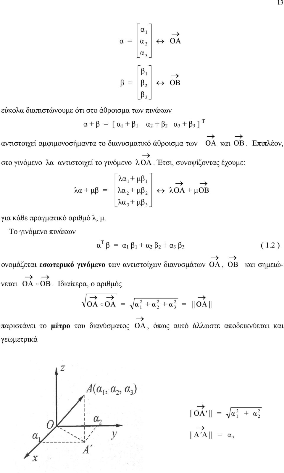 Έτσι, συνοψίζοντας έχουµε: λα + µβ = για κάθε πραγµατικό αριθµό λ, µ. Το γινόµενο πινάκων λα + µβ λα + µβ λα 3+ µβ3 λoa + µob α Τ β = α β + α β + α 3 β 3 (.