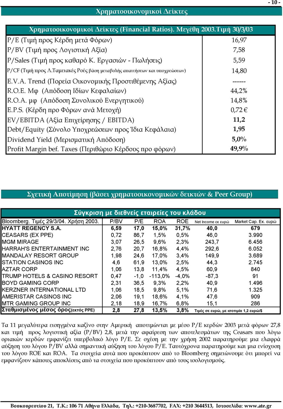 P.S. (Κέρδη προ Φόρων ανά Μετοχή) EV/EBITDA (Αξία Επιχείρησης / EBITDA) Debt/Equity (Σύνολο Υποχρεώσεων προς Ίδια Κεφάλαια) Dividend Yield (Μερισµατική Απόδοση) Profit Margin bef.