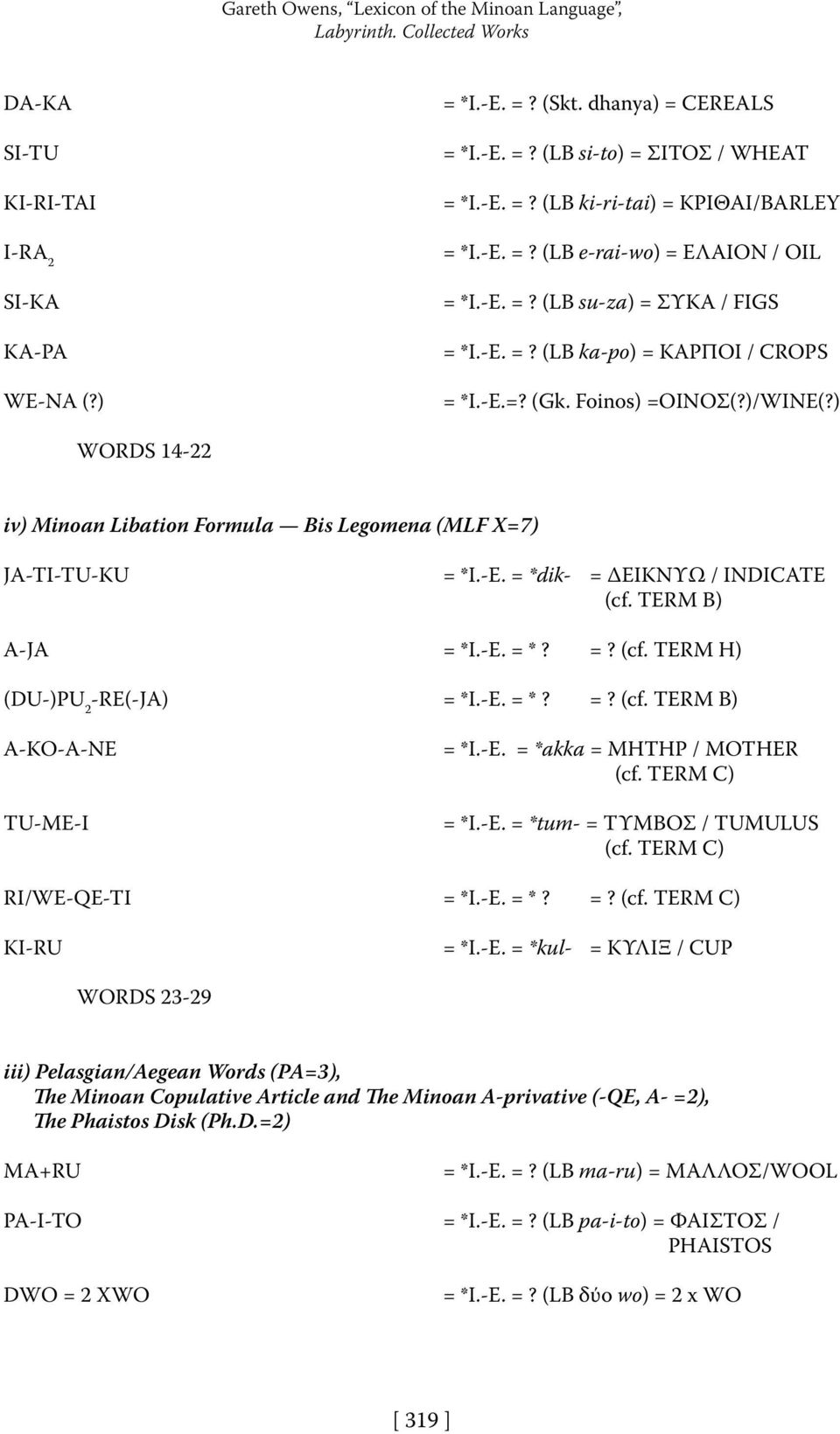 ) WORDS 14-22 iv) Minoan Libation Formula Bis Legomena (MLF X=7) JA-TI-TU-KU = *I.-E. = *dik- = ΔΕΙΚΝΥΩ / INDICATE (cf. TERM B) A-JA = *I.-E. = *? =? (cf. TERM H) (DU-)PU 2 -RE(-JA) = *I.-E. = *? =? (cf. TERM B) A-KO-A-NE TU-ME-I = *I.