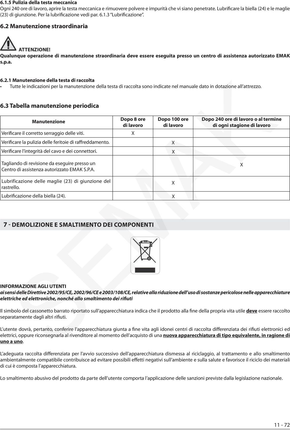 Qualunque operazione di manutenzione straordinaria deve essere eseguita presso un centro di assistenza autorizzato EMAK s.p.a. 6.2.