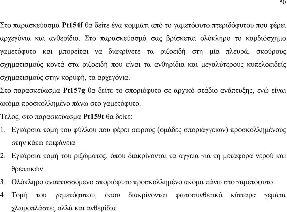 μεγαλύτερους κυπελοειδείς σχηματισμούς στην κορυφή, τα αρχεγόνια. Στο παρασκεύασμα Pt157g θα δείτε το σποριόφυτο σε αρχικό στάδιο ανάπτυξης, ενώ είναι ακόμα προσκολλημένο πάνω στο γαμετόφυτο.