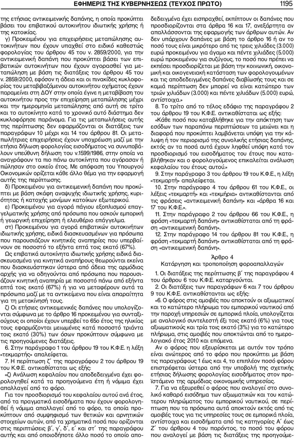 2859/2000, για την αντικειμενική δαπάνη που προκύπτει βάσει των επι βατικών αυτοκινήτων που έχουν αγορασθεί για με ταπώληση με βάση τις διατάξεις του άρθρου 45 του ν.