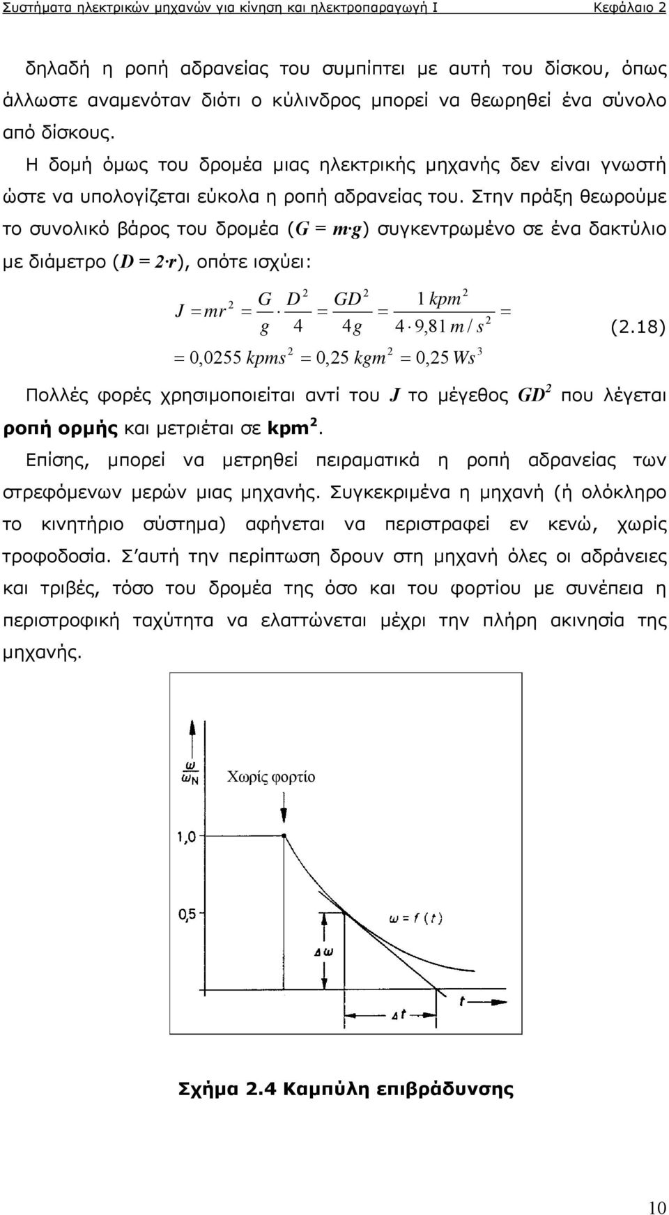 Στην πράξη θεωρούμε το συνολικό βάρος του δρομέα (G = g) συγκεντρωμένο σε ένα δακτύλιο με διάμετρο (D = r), οπότε ισχύει: J r G D g 4 GD 4g kp 4 9,8 / (.