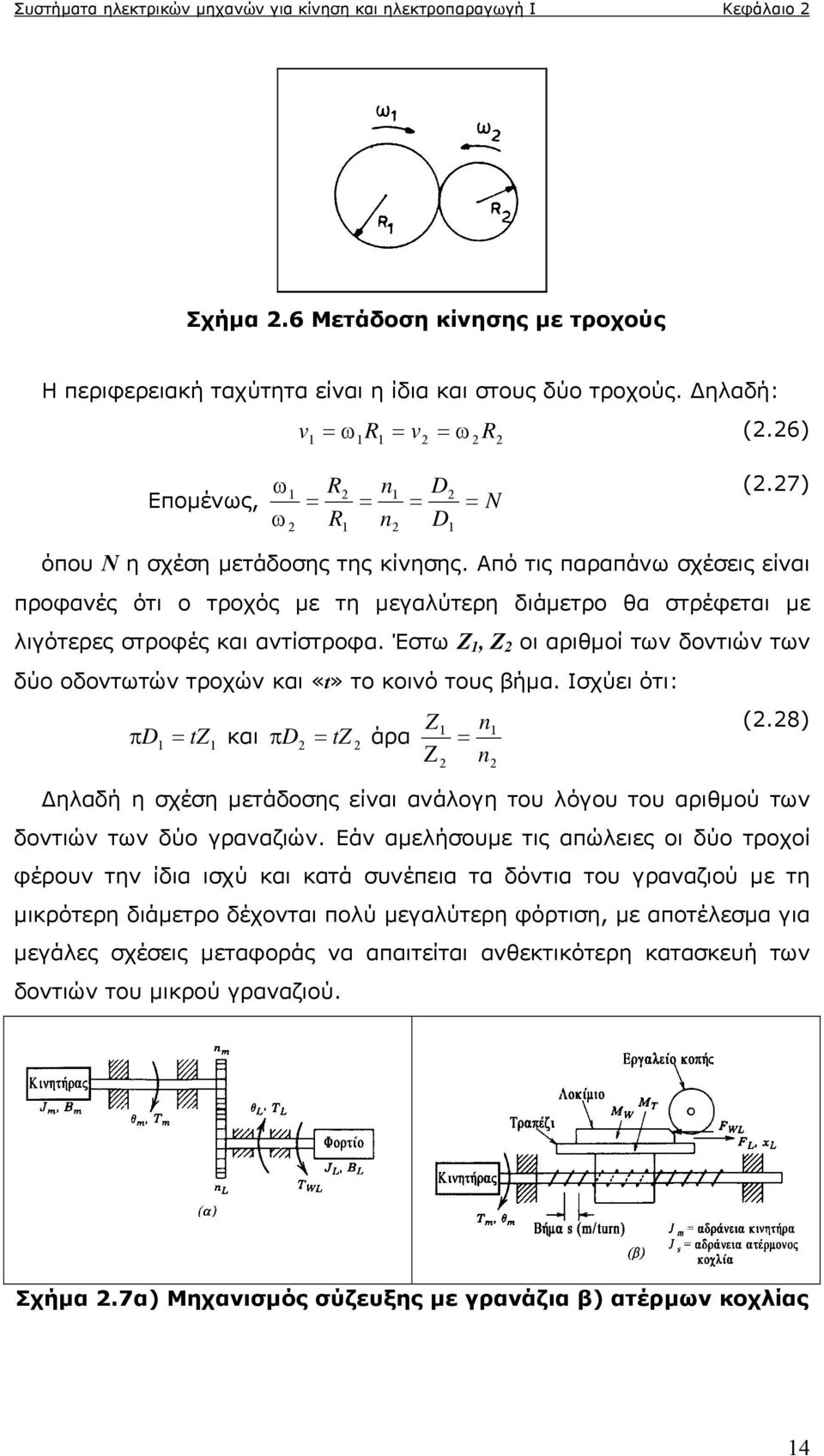 Έστω Ζ, Ζ οι αριθμοί των δοντιών των δύο οδοντωτών τροχών και «t» το κοινό τους βήμα. Ισχύει ότι: D tz και D tz άρα Z n n (.