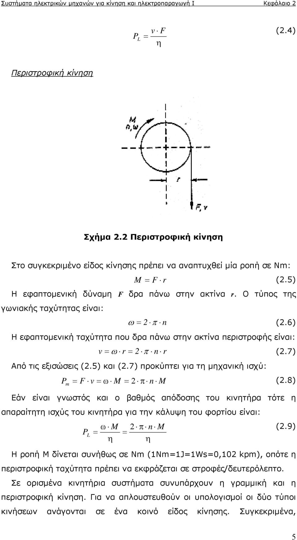 6) Η εφαπτομενική ταχύτητα που δρα πάνω στην ακτίνα περιστροφής είναι: v r n r (.7) Από τις εξισώσεις (.5) και (.7) προκύπτει για τη μηχανική ισχύ: P F v M n M (.