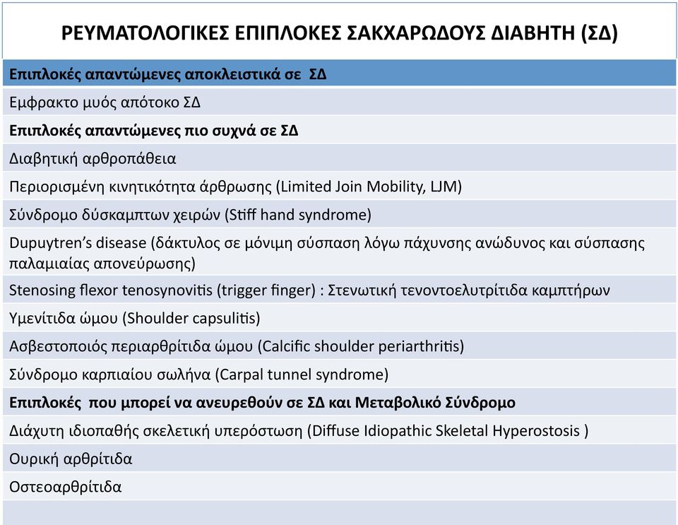 απονεύρωσης) Stenosing flexor tenosynovics (trigger finger) : Στενωτική τενοντοελυτρίτιδα καμπτήρων Υμενίτιδα ώμου (Shoulder capsulics) Ασβεστοποιός περιαρθρίτιδα ώμου (Calcific shoulder