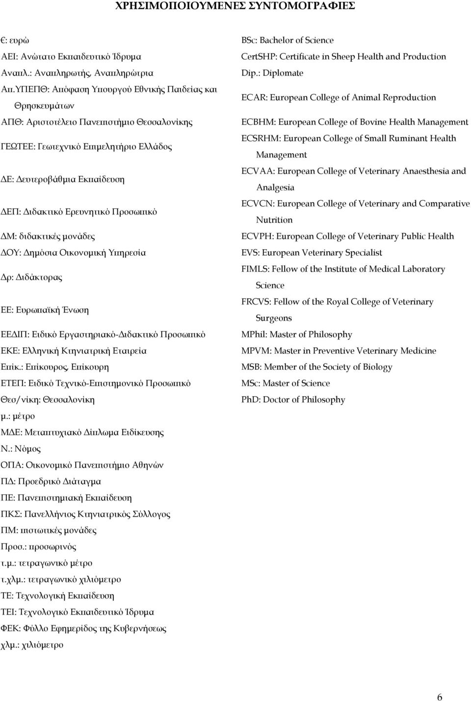 Προσωπικό ΔΜ: διδακτικές μονάδες ΔΟΥ: Δημόσια Οικονομική Υπηρεσία Δρ: Διδάκτορας ΕΕ: Ευρωπαϊκή Ένωση ΕΕΔΙΠ: Ειδικό Εργαστηριακό-Διδακτικό Προσωπικό ΕΚΕ: Ελληνική Κτηνιατρική Εταιρεία Επίκ.