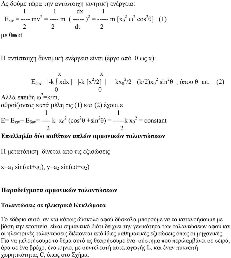 Επαλληλία δύο καθέτων απλών αρµονικών ταλαντώσεων Η µετατόπιση δίνεται από τις εξισώσεις x=a 1 sin(ωt+φ 1 ), y=a sin(ωt+φ ) Παραδείγµατα αρµονικών ταλαντώσεων Ταλαντώσεις σε ηλεκτρικά Κυκλώµατα Το