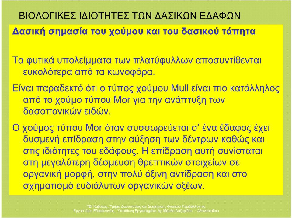 Ο χούμος τύπου Mor όταν συσσωρεύεται σ ένα έδαφος έχει δυσμενή επίδραση στην αύξηση των δέντρων καθώς και στις ιδιότητες του εδάφους.