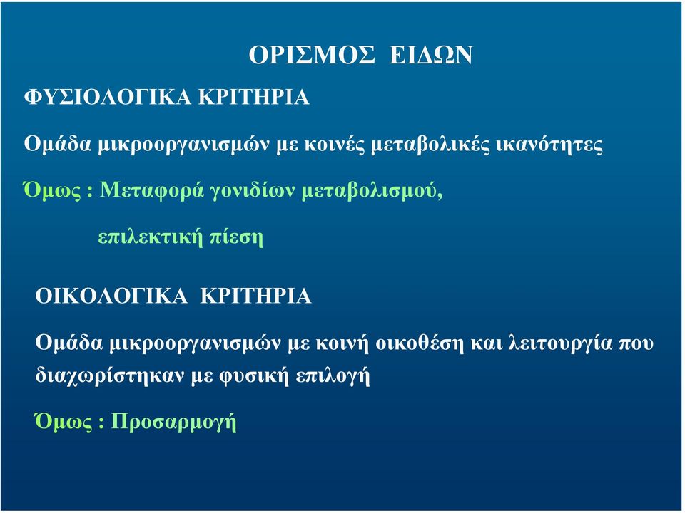 επιλεκτική πίεση ΟΙΚΟΛΟΓΙΚΑ ΚΡΙΤΗΡΙΑ Οµάδα µικροοργανισµών µε κοινή