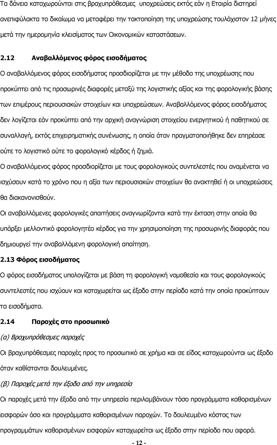 12 Αναβαλλόμενος φόρος εισοδήματος Ο αναβαλλόμενος φόρος εισοδήματος προσδιορίζεται με την μέθοδο της υποχρέωσης που προκύπτει από τις προσωρινές διαφορές μεταξύ της λογιστικής αξίας και της