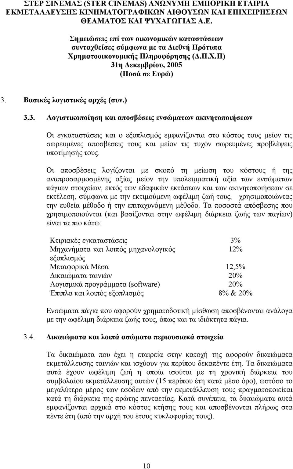 Οι αποσβέσεις λογίζονται µε σκοπό τη µείωση του κόστους ή της αναπροσαρµοσµένης αξίας µείον την υπολειµµατική αξία των ενσώµατων πάγιων στοιχείων, εκτός των εδαφικών εκτάσεων και των ακινητοποιήσεων