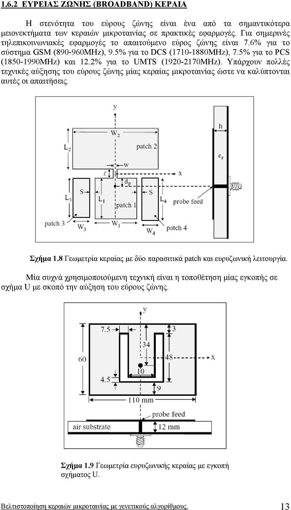 2% για το UMTS (1920-2170MHz). Υπάρχουν πολλές τεχνικές αύξησης του εύρους ζώνης µίας κεραίας µικροταινίας ώστε να καλύπτονται αυτές οι απαιτήσεις. Σχήµα 1.