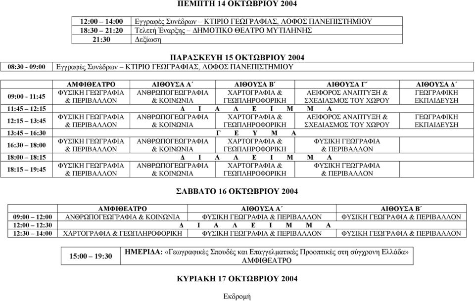 ΠΕΡΙΒΑΛΛΟΝ & ΚΟΙΝΩΝΙΑ ΓΕΩΠΛΗΡΟΦΟΡΙΚΗ ΣΧΕ ΙΑΣΜΟΣ ΤΟΥ ΧΩΡΟΥ ΕΚΠΑΙ ΕΥΣΗ 11:45 12:15 Ι Α Λ Ε Ι Μ Μ Α ΦΥΣΙΚΗ ΓΕΩΓΡΑΦΙΑ ΑΝΘΡΩΠΟΓΕΩΓΡΑΦΙΑ ΧΑΡΤΟΓΡΑΦΙΑ & ΑΕΙΦΟΡΟΣ ΑΝΑΠΤΥΞΗ & ΓΕΩΓΡΑΦΙΚΗ 12:15 13:45 &