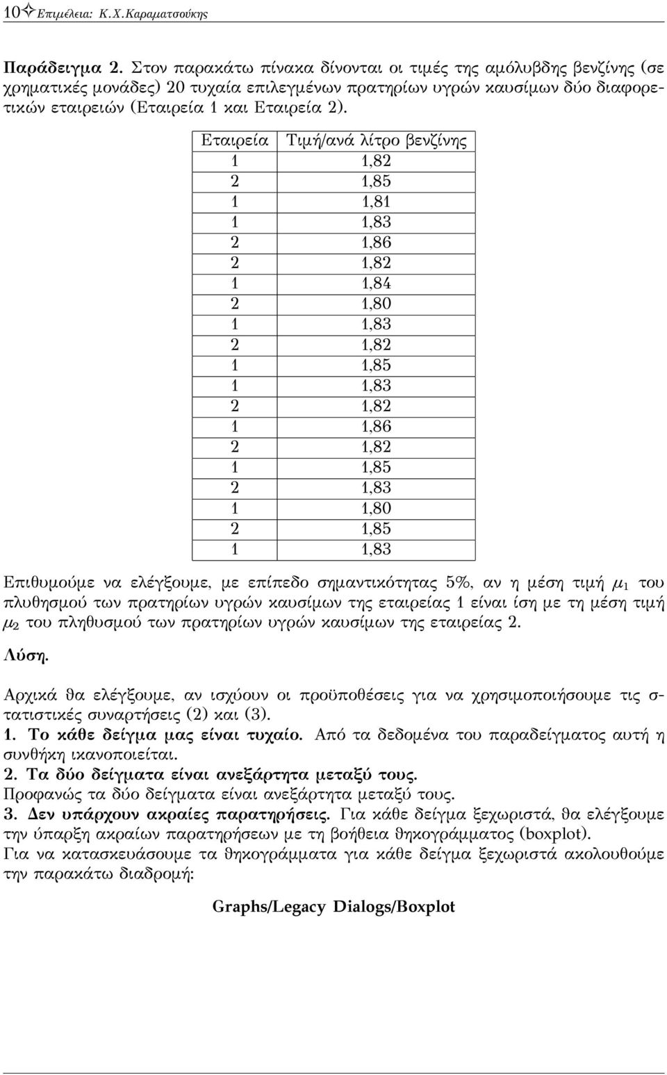 Εταιρεία Τιμή/ανά λίτρο βενζίνης 1 1,82 2 1,85 1 1,81 1 1,83 2 1,86 2 1,82 1 1,84 2 1,80 1 1,83 2 1,82 1 1,85 1 1,83 2 1,82 1 1,86 2 1,82 1 1,85 2 1,83 1 1,80 2 1,85 1 1,83 Επιθυμούμε να ελέγξουμε,