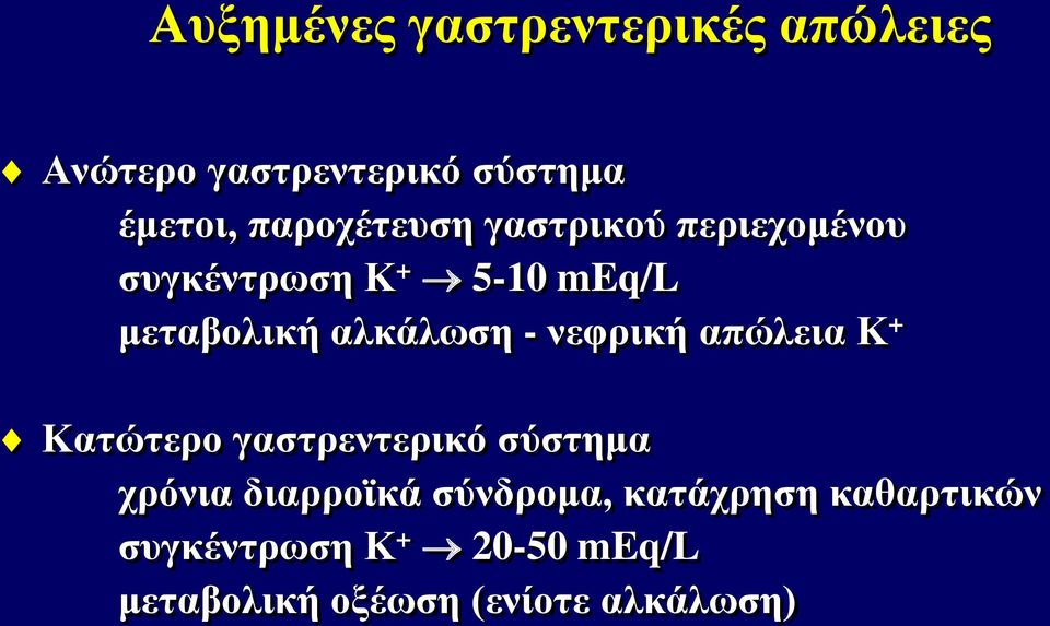 αλκάλωση - νεφρική απώλεια Κ + Κατώτερο γαστρεντερικό σύστημα χρόνια διαρροϊκά