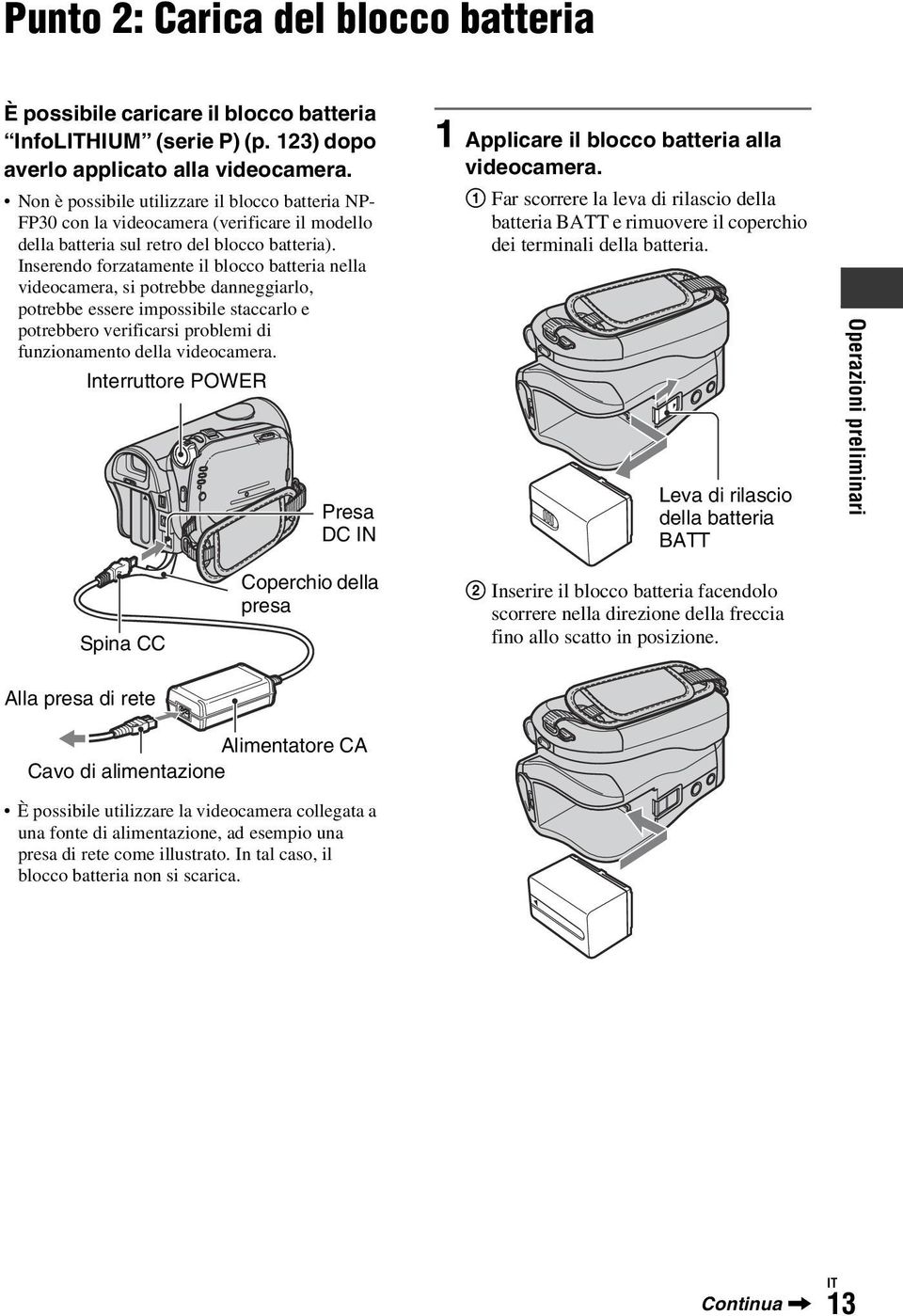 Inserendo forzatamente il blocco batteria nella videocamera, si potrebbe danneggiarlo, potrebbe essere impossibile staccarlo e potrebbero verificarsi problemi di funzionamento della videocamera.