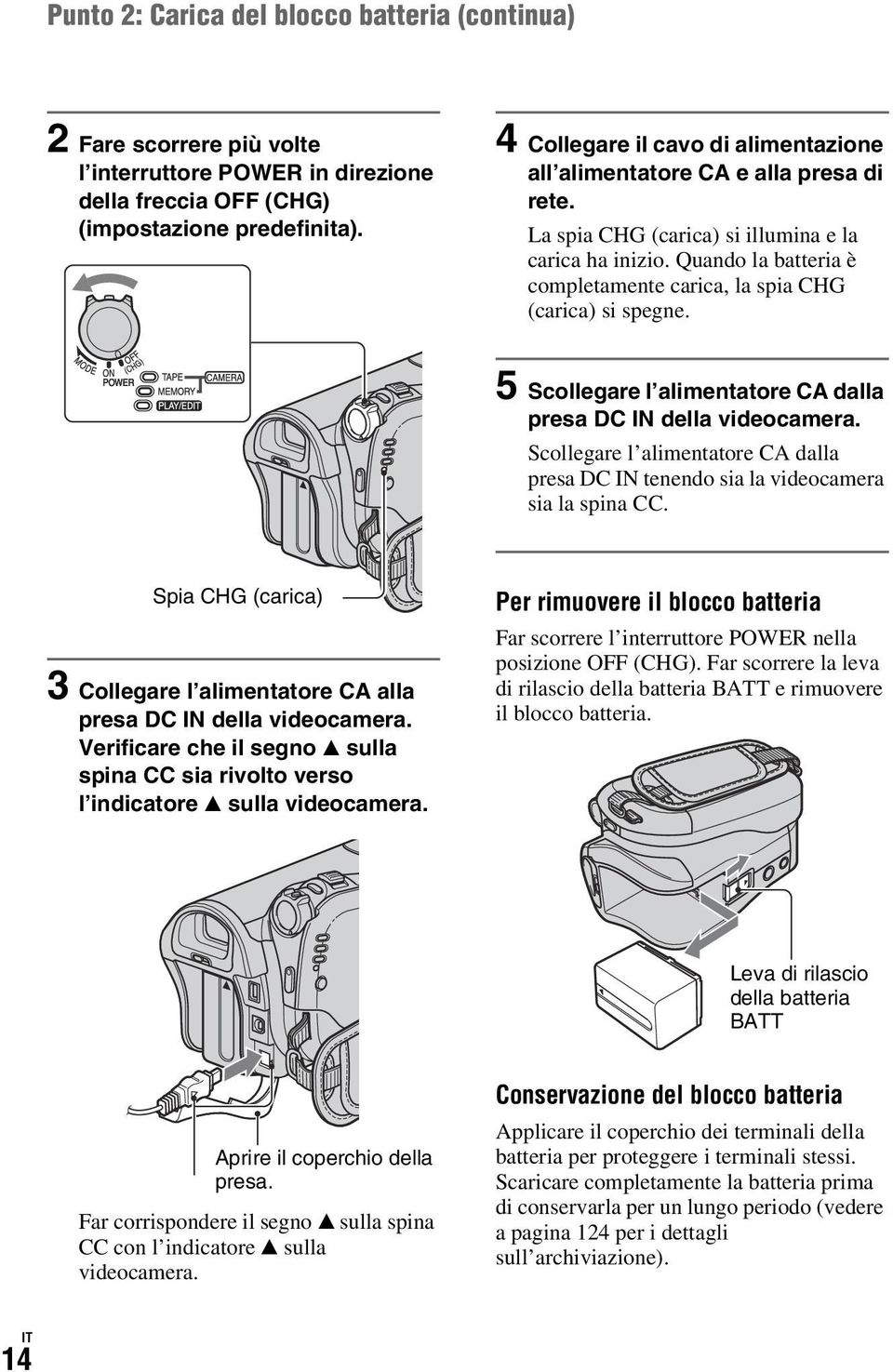 Quando la batteria è completamente carica, la spia CHG (carica) si spegne. 5 Scollegare l alimentatore CA dalla presa DC IN della videocamera.