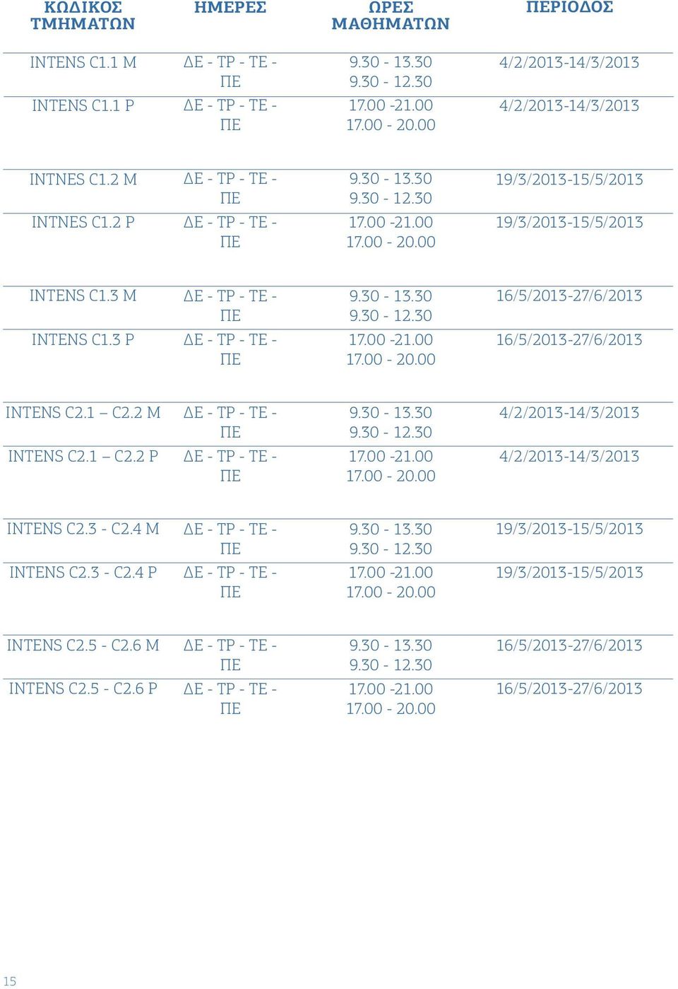 3 P 16/5/2013-27/6/2013 INTENS C2.1 C2.2 M 4/2/2013-14/3/2013 INTENS C2.1 C2.2 P 4/2/2013-14/3/2013 INTENS C2.3 - C2.