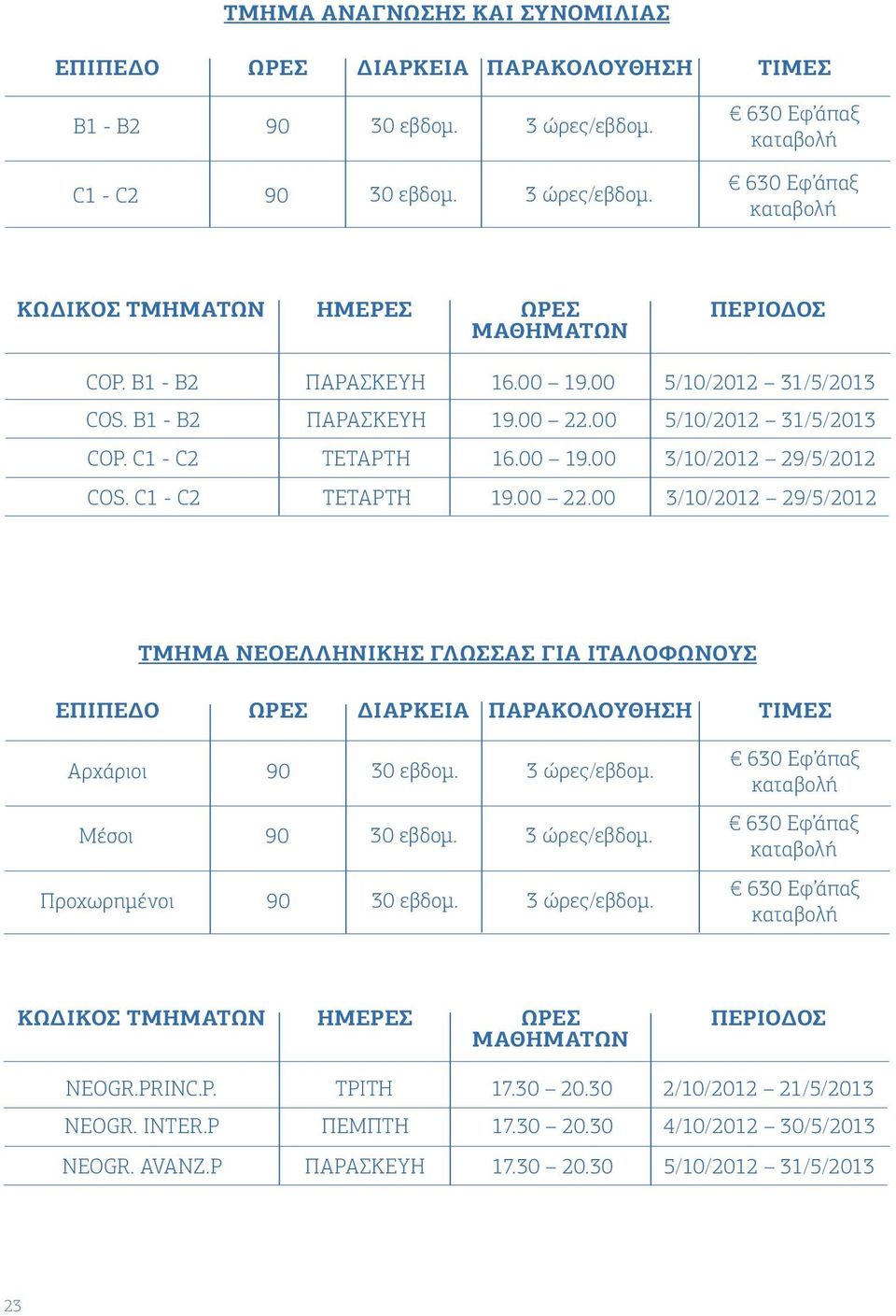 C1 - C2 ΤΕΤΑΡΤΗ 3/10/2012 29/5/2012 ΤΜΗΜΑ ΝΕΟΕΛΛΗΝΙΚΗΣ ΓΛΩΣΣΑΣ ΓΙΑ ΙΤΑΛΟΦΩΝΟΥΣ ΕΠΙΔΟ ΔΙΑΡΚΕΙΑ ΠΑΡΑΚΟΛΟΥΘΗΣΗ ΤΙΜΕΣ Αρχάριοι 90 30 εβδομ. 630 Εφ άπαξ καταβολή Μέσοι 90 30 εβδομ.