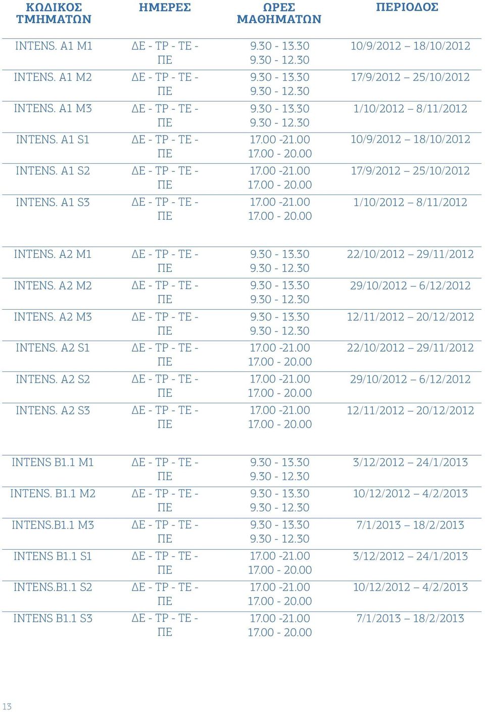 A2 M2 29/10/2012 6/12/2012 INTENS. A2 M3 12/11/2012 20/12/2012 INTENS. A2 S1 22/10/2012 29/11/2012 INTENS. A2 S2 29/10/2012 6/12/2012 INTENS.