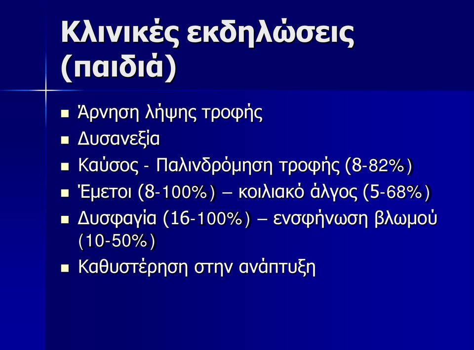 Έμετοι (8-100%) κοιλιακό άλγος (5-68%) Δυσφαγία