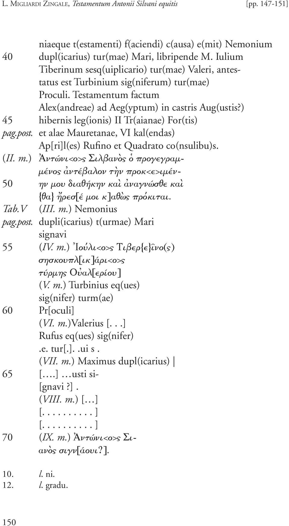 ) 45 hibernis leg(ionis) II Tr(aianae) For(tis) pag.post. et alae Mauretanae, VI kal(endas) Ap[ri]l(es) Rufino et Quadrato co(nsulibu)s. (II. m.