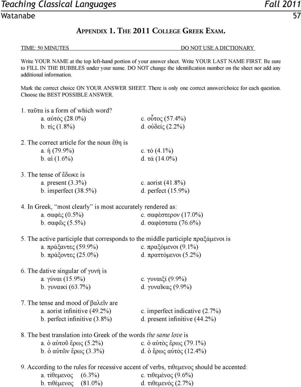 There is only one correct answer/choice for each question. Choose the BEST POSSIBLE ANSWER. 1. ταῦτα is a form of which word? a. αὐτός (28.0%) c. οὗτος (57.4%) b. τίς (1.8%) d. οὐδείς (2.2%) 2.