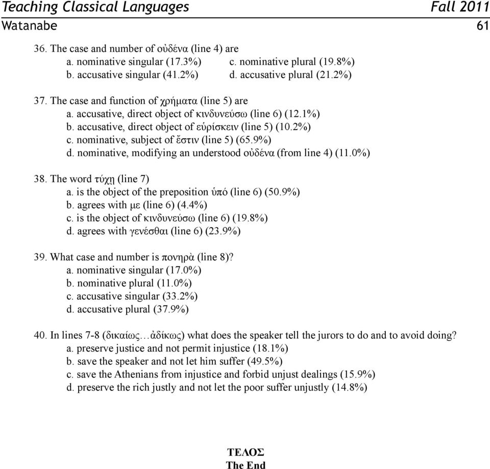 nominative, subject of ἔστιν (line 5) (65.9%) d. nominative, modifying an understood οὐδένα (from line 4) (11.0%) 38. The word τύχῃ (line 7) a. is the object of the preposition ὑπό (line 6) (50.9%) b.