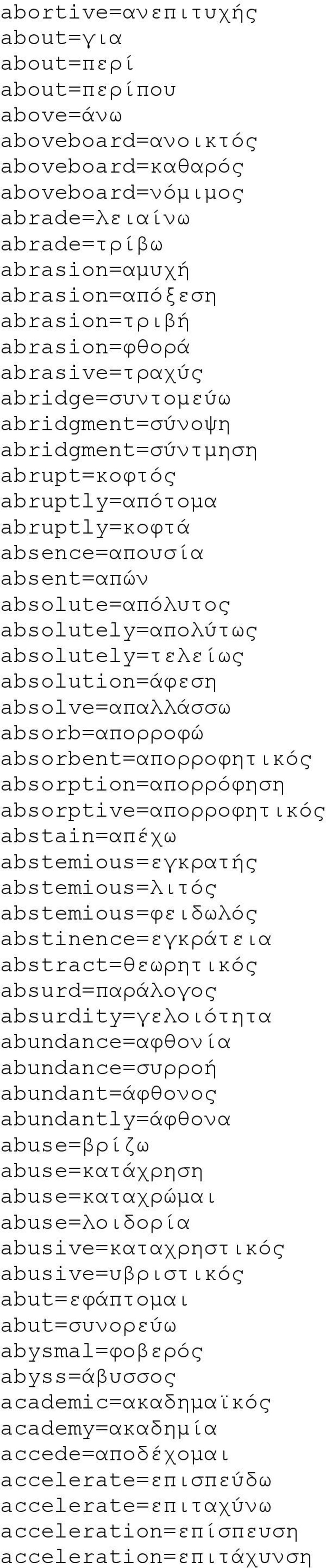 absolutely=τελείως absolution=άφεση absolve=απαλλάσσω absorb=απορροφώ absorbent=απορροφητικός absorption=απορρόφηση absorptive=απορροφητικός abstain=απέχω abstemious=εγκρατής abstemious=λιτός