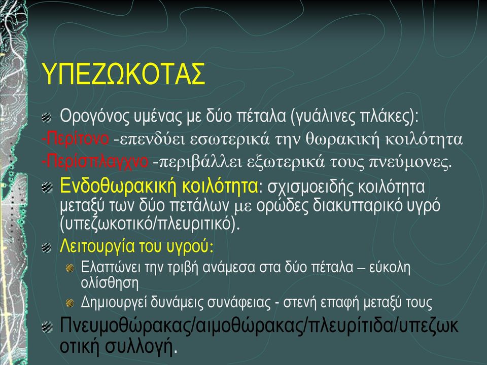 Ενδοθωρακική κοιλότητα: σχισμοειδής κοιλότητα μεταξύ των δύο πετάλων με ορώδες διακυτταρικό υγρό