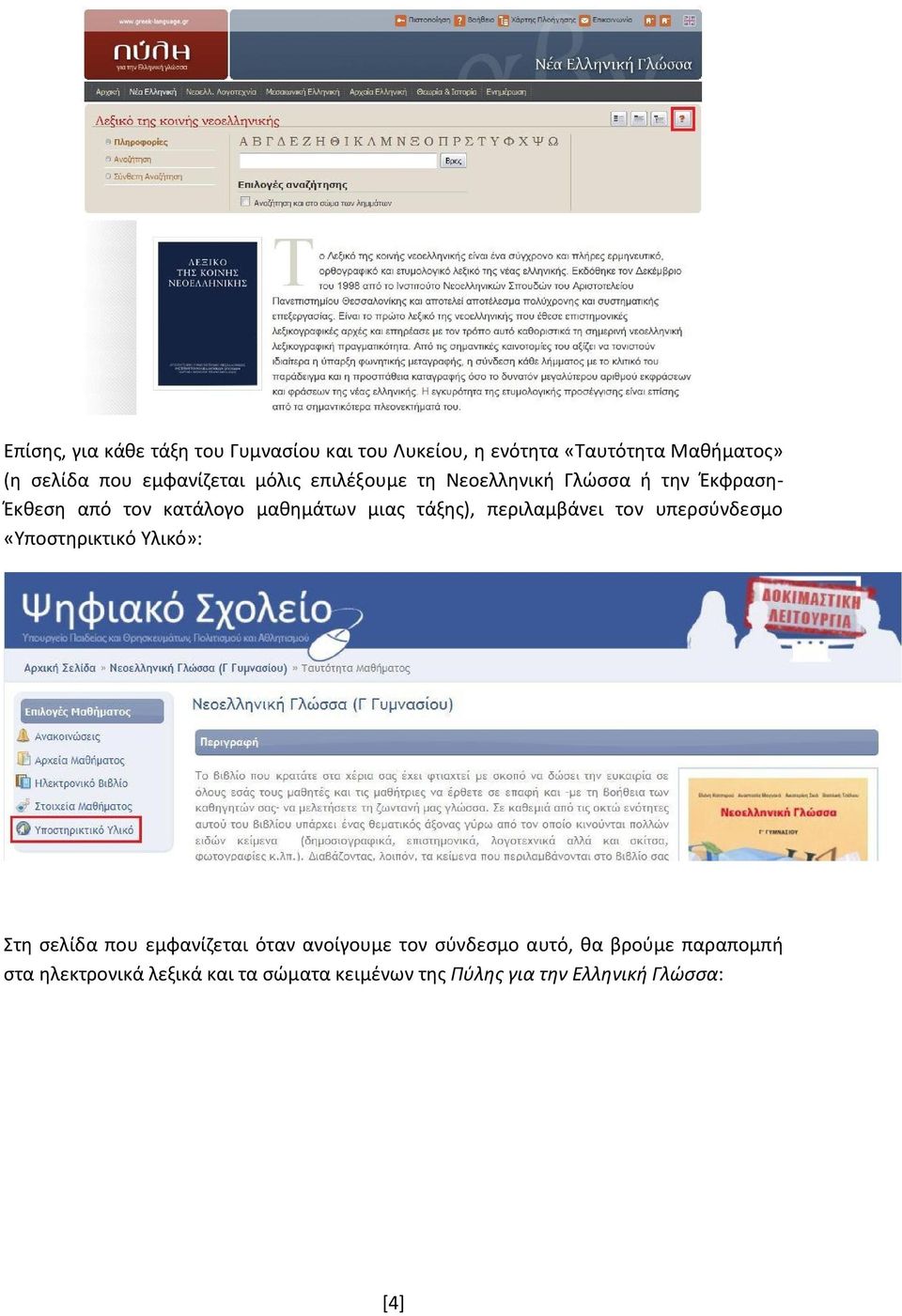 τάξης), περιλαμβάνει τον υπερσύνδεσμο «Υποστηρικτικό Υλικό»: Στη σελίδα που εμφανίζεται όταν ανοίγουμε τον